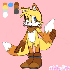 Size: 2000x2000 | Tagged: safe, artist:galaxy-pop, miles "tails" prower, fox, bandana, brown gloves, brown shoes, brown tipped ears, colours, cute, fur markings, gloves, hair over one eye, holding something, holding tail, looking offscreen, pink background, redesign, shoes, signature, simple background, smile, solo, standing