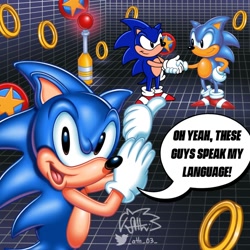 Size: 1400x1400 | Tagged: safe, artist:_ath_03_, sonic the hedgehog, hedgehog, adventures of sonic the hedgehog, bumper, dialogue, english text, greg martin style, handshake, looking at viewer, mouth open, pointing, ring, self paradox, signature, speech bubble, star post, trio