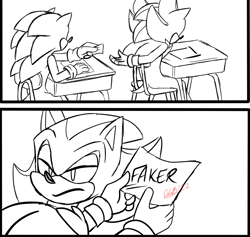 Size: 777x737 | Tagged: safe, artist:gottagoblast, shadow the hedgehog, sonic the hedgehog, hedgehog, faker, meme, school desk, simple background, white background