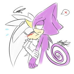 Size: 600x600 | Tagged: safe, artist:icy-cream-24, espio the chameleon, silver the hedgehog, hedgehog, lizard, attempted kiss, awkward, blushing, chameleon, duo, frown, gay, holding arm, lidded eyes, male, males only, neck fluff, shipping, signature, silvio, simple background, white background