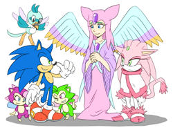 Size: 1000x750 | Tagged: safe, artist:cylent-nite, flicky, illumina, sonia the hedgehog, sonic the hedgehog, oc, oc:oliga the naive, bird, cat, hedgehog, au:sonic expanse, sonic shuffle, sonic underground, ambiguous gender, angel, female, group, male, manic the hedgehog, simple background, white background