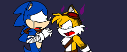 Size: 1331x548 | Tagged: safe, artist:thecarebeargirl, miles "tails" prower, sonic the hedgehog, fox, hedgehog, fanfic:dark tails unleashed, blue background, crying, duo, fanfiction art, male, males only, ms paint, simple background, sonic boom (tv)