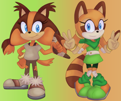 Size: 2243x1876 | Tagged: safe, artist:itoruna-the-platypus, marine the raccoon, sticks the badger, badger, raccoon, boomerang, double v sign, duo, female, females only, gradient background, redesign, sonic boom (tv)