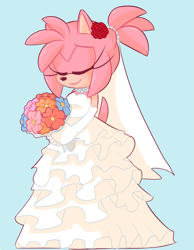 Size: 1433x1846 | Tagged: safe, artist:sp-rings, amy rose, hedgehog, blue background, female, simple background, solo, wedding dress