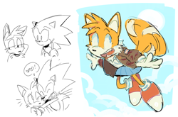 Size: 1280x847 | Tagged: safe, artist:r0b0t1m3, miles "tails" prower, sonic the hedgehog, fox, hedgehog, aviator jacket, clouds, duo, flying, headcanon, hearts, hugging, sketch, skirt, spinning tails, trans female, trans girl tails, transgender