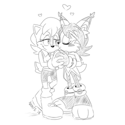 Size: 1000x1000 | Tagged: safe, artist:nanitecity, nicole the hololynx, sally acorn, chipmunk, lynx, blushing, boots, duo, eyes closed, gloves, hearts, holding hands, kiss, kiss on cheek, lesbian, lidded eyes, nicole x sally, shipping, shoes, signature, simple background, sketch, smile, socks, standing, white background