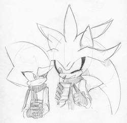 Size: 1791x1740 | Tagged: safe, artist:holoskas, espio the chameleon, silver the hedgehog, hedgehog, 2016, chameleon, coffee, duo, frown, gay, gloves, grey background, holding something, looking at each other, mouth open, pencilwork, pointing, scarf, shipping, silvio, simple background, sketch, standing, sweatdrop, wink