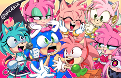 Size: 3125x2012 | Tagged: safe, artist:wizaria, amy rose, boo, sonic the hedgehog, bat, hedgehog, amy x sonic, blushing, classic amy, classic style, cosplay, cute, eyes closed, female, group, hands on own face, hatsune miku, heart, lidded eyes, male, mouth open, outfit swap, outline, rouge's heart top, self paradox, shipping, smile, sonic boom (tv), species swap, straight, vocaloid