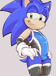 Size: 745x1008 | Tagged: suggestive, artist:dandi, artist:dandimango, sonic the hedgehog, hedgehog, bodysuit, bulge, clenched teeth, gloves, grey background, hands on hips, lidded eyes, looking at viewer, simple background, smile, solo