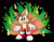 Size: 900x706 | Tagged: safe, artist:montyth, miles "tails" prower, black background, brown fur, front view, gloves, head tilt, kitsune, leaf, looking at viewer, mouth open, nine tails, open smile, peach fur, shoes, simple background, smile, smiling at viewer, socks, solo, standing