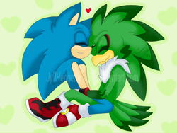 Size: 1024x771 | Tagged: safe, artist:jyllhedgehog367, jet the hawk, sonic the hedgehog, bird, hedgehog, abstract background, boots, duo, eyes closed, gay, gloves, hawk, heart, holding them, jet x sonic, neck fluff, shipping, shoes, sitting, smile, socks