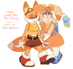 Size: 1024x969 | Tagged: safe, artist:naangs, cheese (chao), cream the rabbit, miles "tails" prower, chao, fox, rabbit, blushing, clenched teeth, crop top, dress, duo, goggles, half r63 shipping, headcanon, holding hands, lidded eyes, looking down, looking offscreen, neutral chao, outline, shipping, shorts, simple background, smile, taiream, trans female, trans girl tails, transgender, transparent background, walking