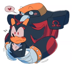 Size: 1757x1597 | Tagged: safe, artist:starrynightmix, e-123 omega, shadow the hedgehog, hedgehog, blushing, duo, eyes closed, gay, heart, hugging from behind, omegadow, robot, shipping, shrunken pupils, simple background, surprise hug, surprised, sweatdrop, white background