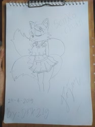 Size: 4160x3120 | Tagged: safe, artist:dfkyhs219, miles "tails" prower, fox, eyes closed, gender swap, hair over one eye, hair pin, hands behind back, pencilwork, signature, smile, solo, standing, swimsuit, the helpful fox senko-san