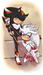 Size: 750x1280 | Tagged: suggestive, artist:kirsa-w, shadow the hedgehog, silver the hedgehog, hedgehog, 2017, blushing, gay, gloves, hand on head, hands behind back, holding something, kneeling, lidded eyes, looking at viewer, neck fluff, ribbon, shadow x silver, shipping, shoes, standing on one leg