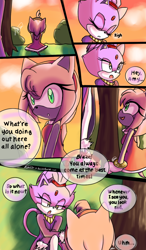 Size: 750x1280 | Tagged: safe, artist:kirsa-w, amy rose, blaze the cat, cat, hedgehog, amy x blaze, blushing, comic, dialogue, duo, lesbian, mouth open, outdoors, panels, shipping, sighing, signature, sitting, speech bubble, sunset, tree