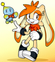 Size: 1024x1166 | Tagged: safe, artist:quiickyfoxy, cheese (chao), cream the rabbit, chao, rabbit, abstract background, aged up, black shoes, bowtie, clenched fist, flying, gloves, gradient background, hoodie, looking offscreen, modern style, mouth open, neutral chao, shoes, socks, solo, uekawa style, white tipped shoes