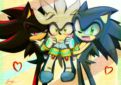 Size: 1024x725 | Tagged: safe, artist:icy-cream-24, shadow the hedgehog, silver the hedgehog, sonic the hedgehog, hedgehog, blushing, frown, gay, hearts, holding them, lidded eyes, looking at viewer, love triangle, male, males only, mouth open, polyamory, shadow x silver, shipping, signature, sonadilver, sonilver, trio, youtube link in description