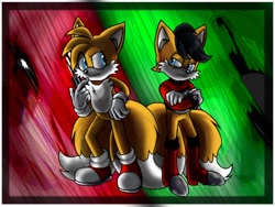 Size: 512x386 | Tagged: safe, artist:blackvelvetrose, miles "tails" prower, miles (anti-mobius), fox, abstract background, angry, arms folded, boots, duo, every tail has two sides, evil vs good, eye twitch, frown, gloves, hair over one eye, lidded eyes, looking at each other, shoes, socks, spiked bracelet, two sides