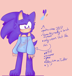 Size: 1280x1344 | Tagged: safe, artist:nickelnicoo, sonic the hedgehog, hedgehog, aged up, alternate universe, bardot top, blushing, clenched fist, color palette, looking offscreen, male, pink background, raised eyebrow, redesign, simple background, smile, solo, standing