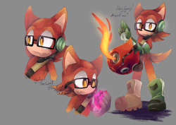 Size: 4093x2894 | Tagged: dead source, safe, artist:cylikaart, gadget the wolf, wolf, belt, english text, fire, glasses, grey background, holding something, looking at something, looking at viewer, looking offscreen, one fang, phantom ruby, signature, simple background, solo, standing, wispon