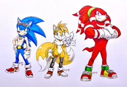 Size: 1280x874 | Tagged: dead source, safe, artist:twisted-wind, knuckles the echidna, miles "tails" prower, sonic the hedgehog, oc, oc:twisted sonic, oc:twisted tails, echidna, fox, hedgehog, aged up, belt, electricity, fanfiction art, gender swap, gloves, goggles, gradient background, long socks, necklace, shoes, socks, standing, sunglasses, team sonic, trio