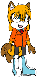 Size: 400x835 | Tagged: safe, artist:shadmanicknuxedits, oc, oc:nikolai prower, fox, blue eyes, boots, brown tipped ears, brown tipped tail, eyes clipping through hair, fankid, jacket, long bangs, mouth open, outline, pants, parent:cream, parent:tails, parents:taiream, simple background, solo, standing, tie, transparent background, two tails, yellow fur