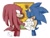 Size: 840x643 | Tagged: safe, artist:yatina, knuckles the echidna, sonic the hedgehog, echidna, hedgehog, abstract background, eyes closed, flower, gay, holding hands, knuxonic, looking at them, mouth open, shipping, smile, standing, sunflower