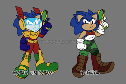 Size: 1200x800 | Tagged: safe, artist:dootdootboopedsnoot, sonic the hedgehog, zonic the zone cop, hedgehog, armor, boots, brown eyes, clenched fist, duality, duo, frown, grey background, gun, holding something, looking at viewer, pants, redesign, signature, simple background, standing, tank top