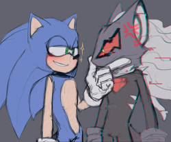 Size: 1280x1058 | Tagged: safe, artist:pirog-art, infinite the jackal, sonic the hedgehog, hedgehog, jackal, 2020, angry, blushing, clenched teeth, duo, gay, glitch, gloves, grey background, grin, hand on chin, infinite's mask, lidded eyes, looking at each other, redraw, shipping, simple background, sonfinite, sparkles, standing