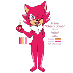 Size: 1232x1232 | Tagged: safe, artist:matttheenby, oc, oc:maria "cherry bomb" rose, hedgehog, arm behind back, backstory in description, bomb, chest fluff, color palette, fangs, fankid, gloves off, hair over one eye, holding something, looking at viewer, mouth open, one eye closed, parent:amy, parent:shadow, parents:shadamy, pride flags, shoes off, simple background, socks off, solo, standing, this will end in blood, trans female, trans pride, transgender, transparent background