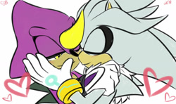 Size: 1024x608 | Tagged: safe, artist:asb-fan, espio the chameleon, silver the hedgehog, hedgehog, 2017, chameleon, chest fluff, cute, duo, espibetes, eyes closed, gay, hand on cheek, hand on shoulder, hearts, holding each other, lidded eyes, looking at them, shipping, silverbetes, silvio, simple background, smile, white background