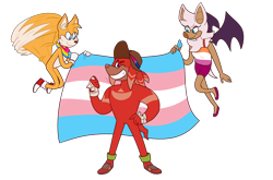 Size: 2566x1690 | Tagged: safe, artist:astral_clefairy, knuckles the echidna, miles "tails" prower, rouge the bat, bat, echidna, fox, bandana, clenched fist, clenched teeth, flag, flying, hand on hip, hat, headcanon, holding something, knuckles' hat, lesbian, one fang, pansexual pride, pride, simple background, smile, spinning tails, standing, trans female, trans male, trans pride, transgender, transparent background, trio, wink