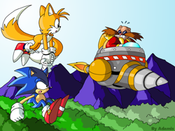 Size: 1024x768 | Tagged: safe, artist:thepandamis, miles "tails" prower, robotnik, sonic the hedgehog, fox, hedgehog, human, marble garden zone, 2006, carrying them, classic robotnik, classic sonic, classic style, classic tails, clenched fist, clenched teeth, daytime, eggmobile, flying, gloves, holding hands, looking at each other, mid-air, mountain, outdoors, shoes, socks, sonic the hedgehog 3, trio