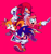 Size: 683x723 | Tagged: safe, artist:tome_iu, knuckles the echidna, miles "tails" prower, sonic the hedgehog, echidna, fox, hedgehog, sonic shuffle, amy's halterneck dress, card, eyestrain, grin, group, holding something, looking at viewer, mouth open, pink background, running, running towards viewer, simple background, smile