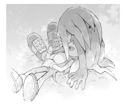 Size: 844x720 | Tagged: safe, artist:sk_rokuro, knuckles the echidna, sonic the hedgehog, echidna, hedgehog, duo, gay, gloves off, grass, greyscale, knuxonic, lap pillow, lying down, monochrome, mouth open, shipping, sitting, smile