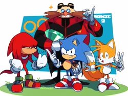 Size: 1966x1489 | Tagged: safe, artist:bluestickboi1, knuckles the echidna, miles "tails" prower, robotnik, sonic the hedgehog, echidna, fox, hedgehog, human, sonic the hedgehog 2 (2022), chaos emerald, designer flight suit, squinting, v sign, wagging finger