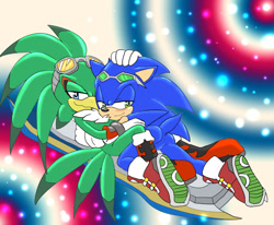 Size: 920x759 | Tagged: safe, artist:angelofhapiness, jet the hawk, sonic the hedgehog, bird, hedgehog, blushing, boots, duo, extreme gear, gay, gloves, goggles, hand on head, hawk, hugging, jet x sonic, lidded eyes, looking at viewer, lying back, lying down, shipping, shoes, smile, socks, sonic riders, sunglasses