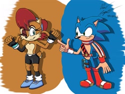 Size: 2000x1506 | Tagged: safe, artist:o_azul35, sally acorn, sonic the hedgehog, chipmunk, hedgehog, au:freedom swap, duo, wink