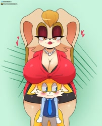 Size: 1115x1379 | Tagged: suggestive, artist:berkberkly, tails doll, vanilla the rabbit, fox, rabbit, age difference, blushing, breast rest, busty vanilla, child, huge breasts, shipping, size difference, uniform, vanillails