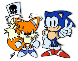 Size: 1400x1103 | Tagged: safe, artist:kirby-popstar, miles "tails" prower, sonic the hedgehog, fox, hedgehog, sonic the ova, angry, blue shoes, duo, looking at viewer, simple background, v sign, white background