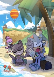 Size: 794x1125 | Tagged: safe, artist:giugabs, blaze the cat, marine the raccoon, silver the hedgehog, cat, hedgehog, raccoon, beach, cloud, crab, daytime, palm tree, silverbetes, trio