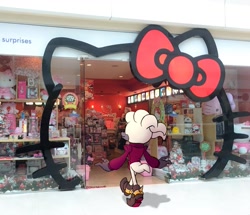 Size: 1556x1336 | Tagged: safe, artist:drstarline, dr. starline, from behind, hello kitty, platypus, shop, signature, solo, sonic characters walking into stores, standing, storefront, walking