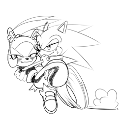 Size: 1200x1200 | Tagged: safe, artist:maniacxvii, sonic the hedgehog, surge the tenrec, hedgehog, tenrec, bridal carry, monochrome, proship, running, shipping, simple background, sonurge, straight, white background