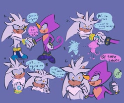 Size: 927x771 | Tagged: safe, artist:smaiisart, espio the chameleon, silver the hedgehog, hedgehog, lizard, ..., chameleon, dialogue, duo, gay, hand on another's shoulder, handshake, holding something, looking at each other, mouth open, purple background, shipping, silvio, simple background, smile, standing