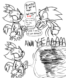 Size: 685x810 | Tagged: safe, artist:brodtsumi, blaze the cat, sonic the hedgehog, cat, hedgehog, black and white, blaze's tailcoat, comic, dialogue, duo, fire, frown, looking at each other, looking at them, monochrome, mouth open, simple background, smile, speech bubble, standing, sweat, white background