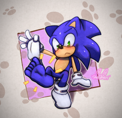 Size: 798x775 | Tagged: suggestive, artist:onechanart, sonic the hedgehog, hedgehog, abstract background, barefoot, blushing, humanoid feet, male, socks, solo