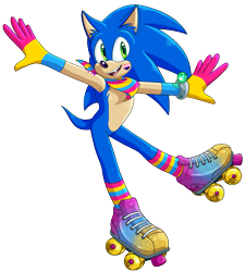 Size: 885x983 | Tagged: safe, artist:raventhemagiccat, sonic the hedgehog, hedgehog, arms out, bandana, bracelet, ear fluff, facepaint, fluffy, genderfluid pride, gloves, headcanon, heart, looking offscreen, mouth open, pansexual pride, pride, rollerskates, simple background, skating, socks, solo, transparent background