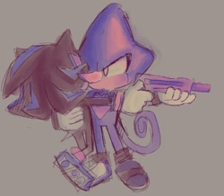 Size: 1024x891 | Tagged: safe, artist:mykell cube, espio the chameleon, shadow the hedgehog, hedgehog, lizard, carrying them, chameleon, duo, gay, grey background, gun, holding something, limited palette, shadpio, shipping, simple background, sketch, standing, weapon