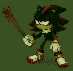 Size: 1859x1818 | Tagged: dead source, semi-grimdark, artist:mykell cube, shadow the hedgehog, hedgehog, baseball bat, blood, frown, green background, holding something, lidded eyes, nail, nail bat, simple background, solo, standing, weapon